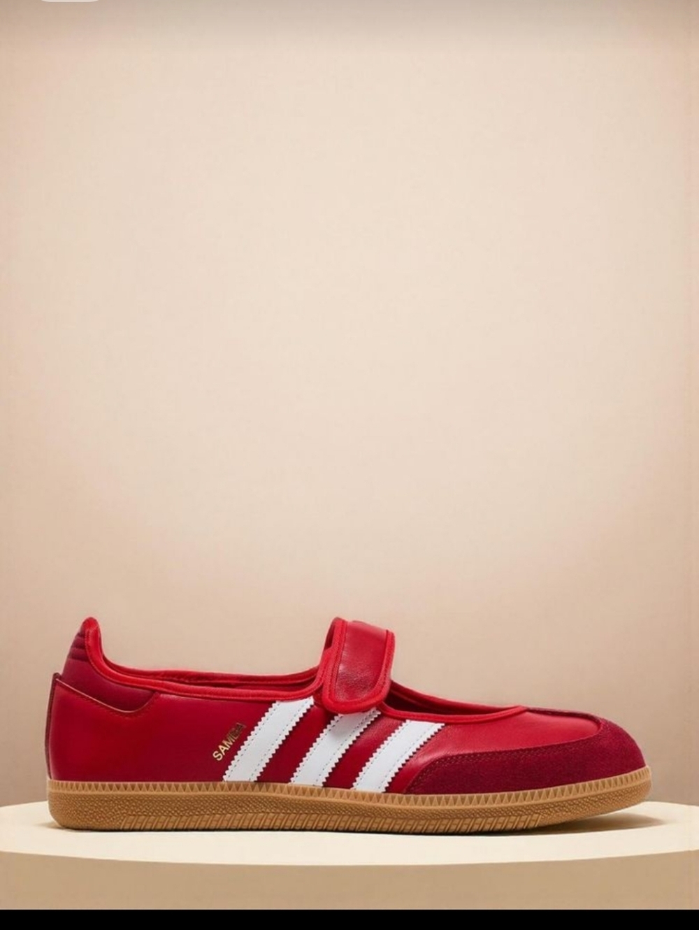 adidas Red Mary Jane Sneakers with White Stripes and Gum Sole - Picture 2 of 7